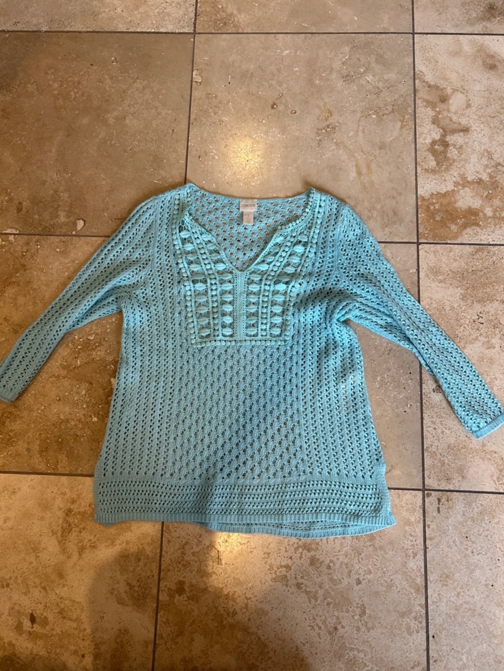 Chico’s -1- Aqua Crochet Knit V-Neck Sweater